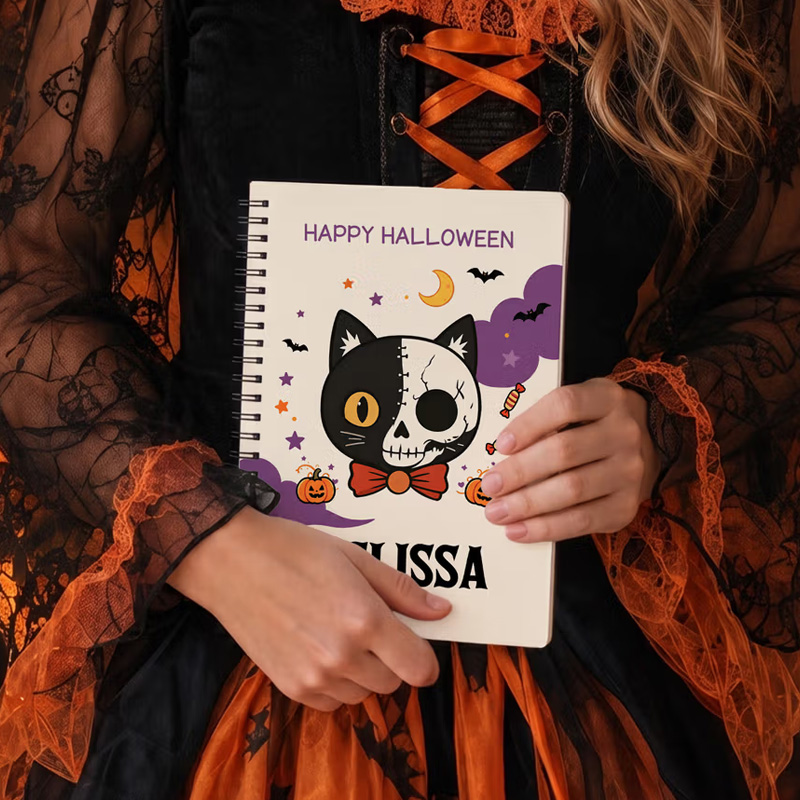 Personalized Halloween Theme Kitty Pumpkin Candy A5 Spiral Notebook with Name and Text Halloween Gift for Kid Halloween Lover