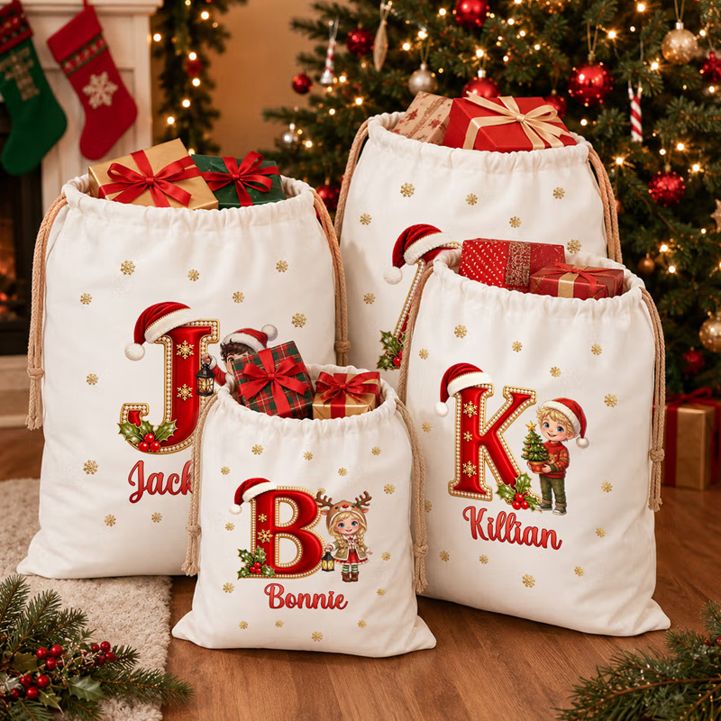 Personalized Photo Design Santa Claus Gift Bag with Name and Initial Christmas Gift for Family Friends