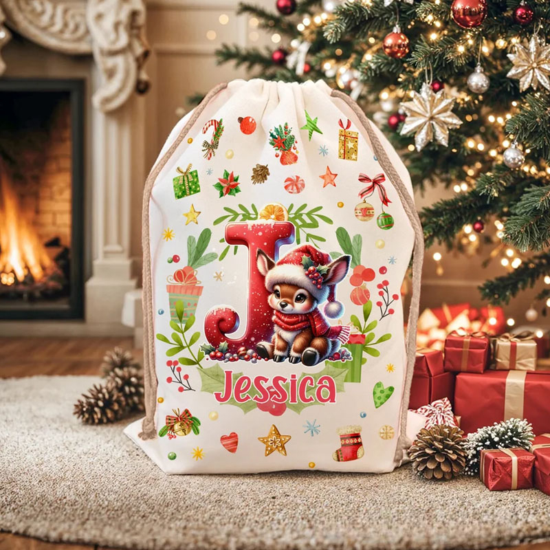 Personalized Snowman Reindeer Penguin Christmas Initial Drawstring Christmas Gift Bag with Name Christmas Eve Party Gift for Kids Family Friends