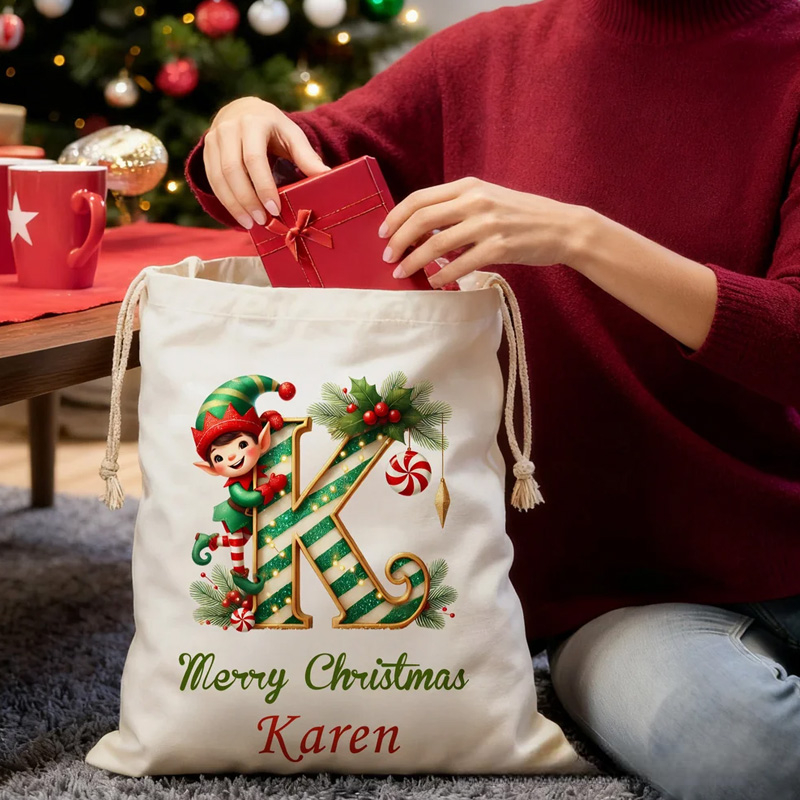 Personalized Merry Christmas Cute Elf Canvas Drawstring Gift Bag with Name and Initial First Christmas Party Favors for Kids Family
