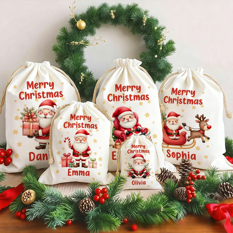Personalized Cute Cartoon Santa Claus Snowflake Drawstring Christmas Gift Bag with Name Merry Christmas Gift for Kids Family