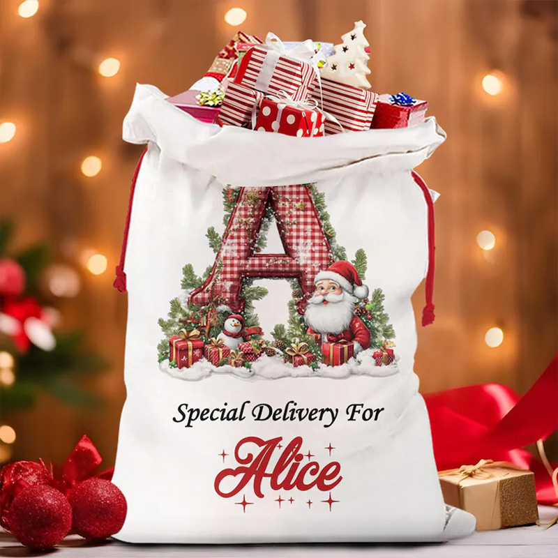 Personalized Plaid Initial Christmas Bag with Festive Snowman and Custom Name for Special Holiday Deliveries Christmas Bag