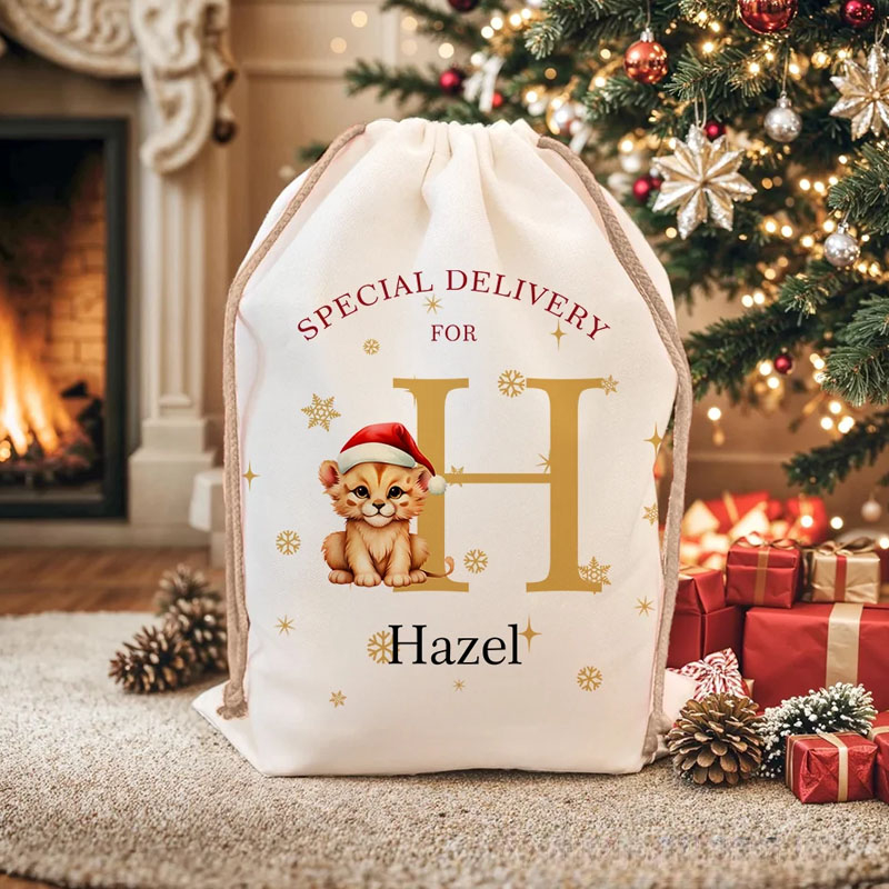 Personalized Special Delivery Christmas Theme Animal Pattern Drawstring Canvas Gift Bag with Name Christmas Gift for Kid
