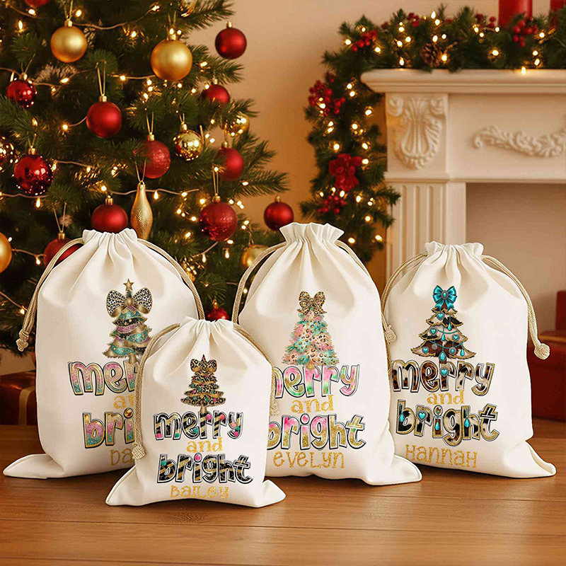 Personalized Merry and Bright Christmas Bag with Festive Tree Design and Custom Name for Joyful Holiday Cheer Christmas Bag