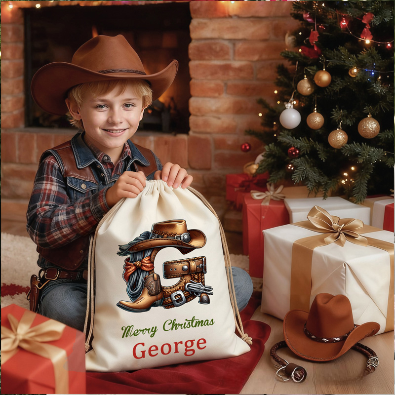 Personalized Santa Sack with Custom Name Western Christmas Gift Bag for Kids and Family Christmas Cowboy Boot Initial Name Gift Bag
