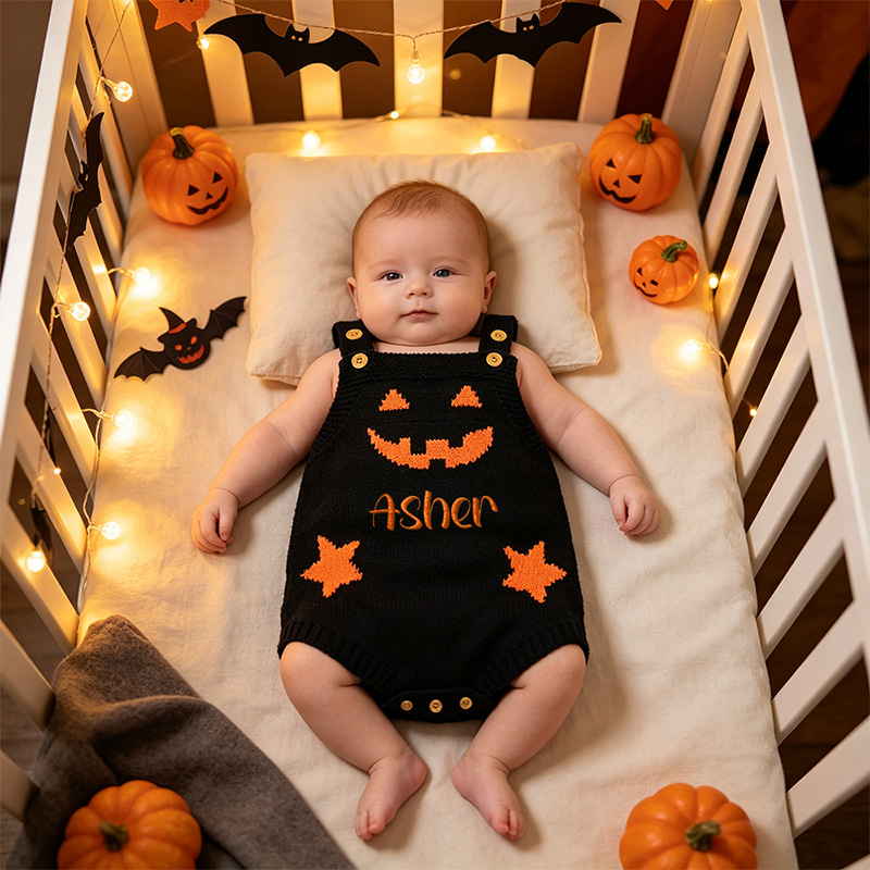 Personalized Baby Knitted suspenders Romper Halloween Pumpkin Jack O Lantern Outfit Custom Name Sleeveless Jumpsuit Costume