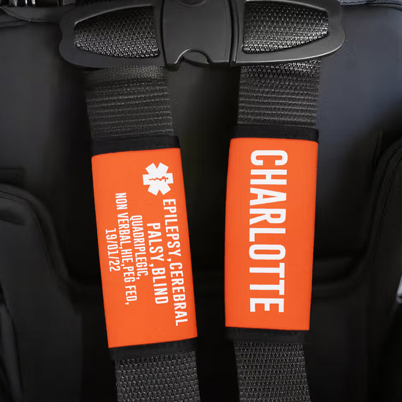Personalized Multicolor Emergency Alert Carseat Straps with Name and Text Set of 2 Birthday Caring Gift for Allergy Autism Kids Family