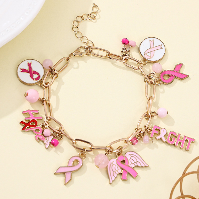 Breast Cancer Awareness Charm Bracelet Pink Ribbon Angel Wing Beaded Chain Jewelry For Women