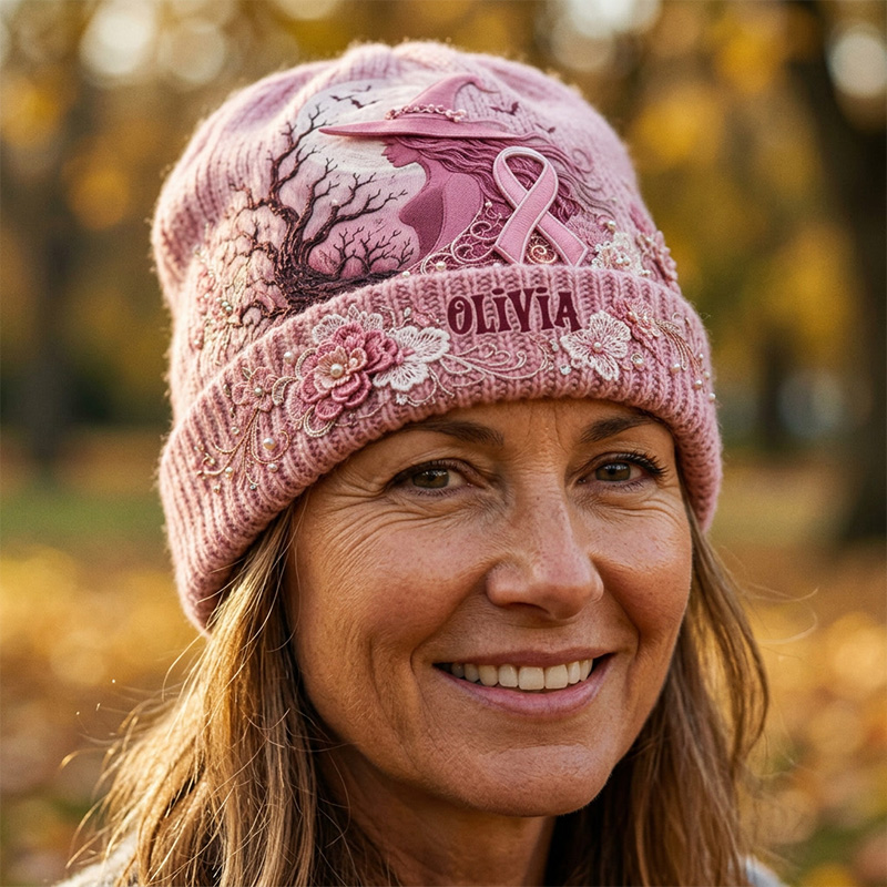 Personalized Breast Cancer Awareness Knit Beanie Pink Ribbon Tree Moon Pattern Name Hat For Women Winter Warm