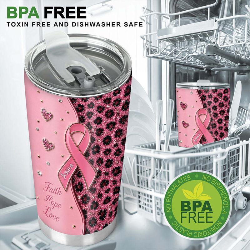 Personalized Breast Cancer Awareness Tumbler Pink Ribbon Faith Hope Love Floral Heart Insulated Travel Cup
