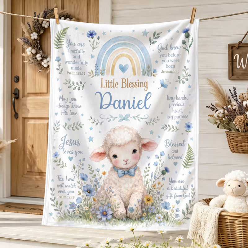 Personalized Flower Lamb Christian Blessing Quotes Soft Warm Throw Blanket with Name Room Decor Baby Shower Baptism Gift for Kid Newborn