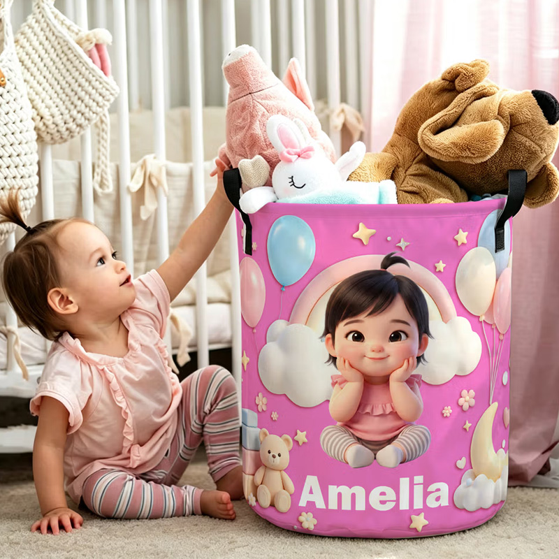 Personalized Cartoon Style Photo Waterproof Laundry Storage Basket with Name and Handles Room Decor Birthday Gift for Kids Boys Girls