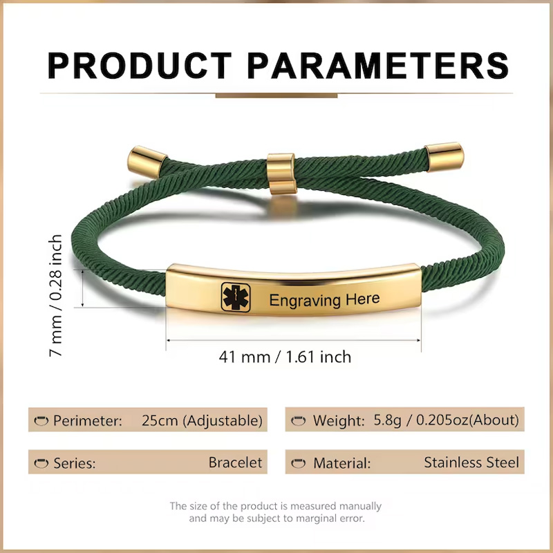 Personalized Medical Alert Bracelet Custom Engraved Name Allergy Condition Emergency ID Adjustable Rope Band