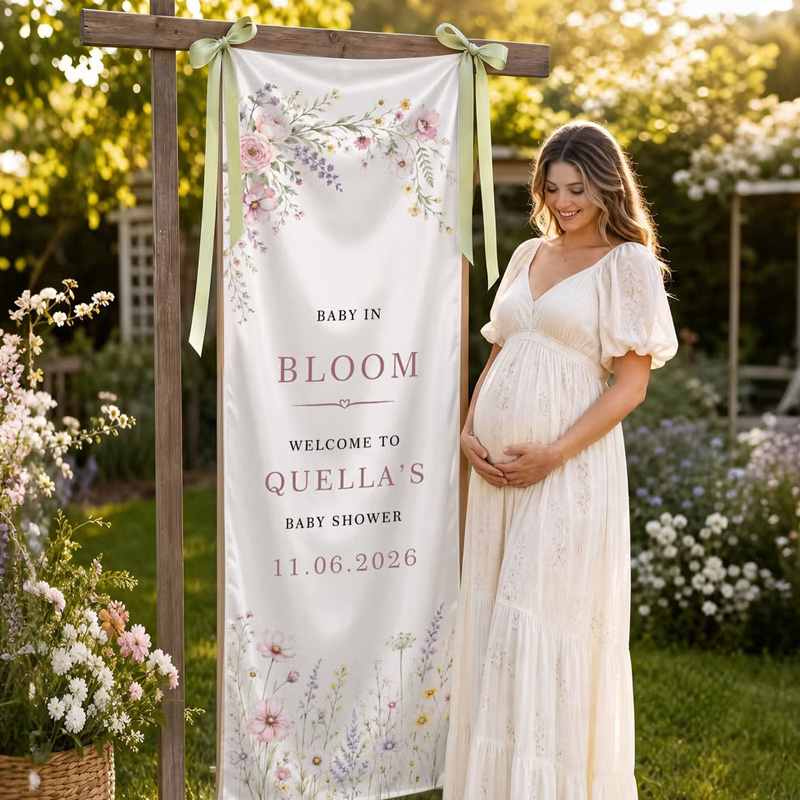 Personalized Wildflower Baby in Bloom Bow Welcome Banner with Name and Date Party Decor Baby Shower Gender Reveal Gift for Expecting Mom