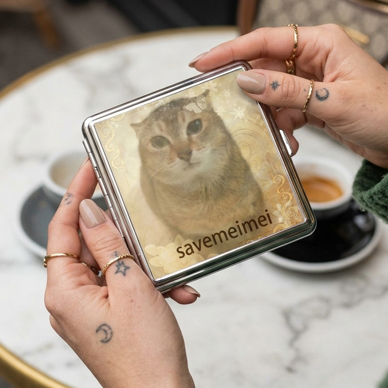Personalized Save Meimei Cat Cigarette Case Funny Meme Cat Metal Smoking Box Portable Pocket Holder Gift For Fans