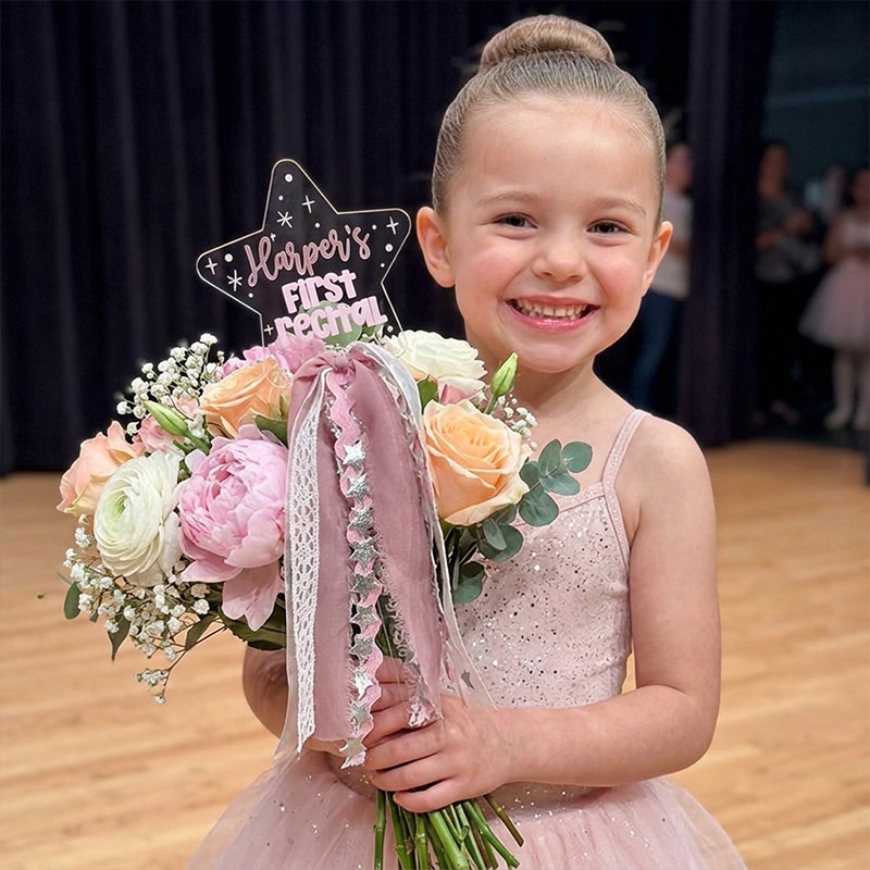 Personalized Dance Recital Wand Engraved Acrylic First Recital or Congrats Flower Bouquet Accessory Girly Dancer Ballet Show Gift Keepsake