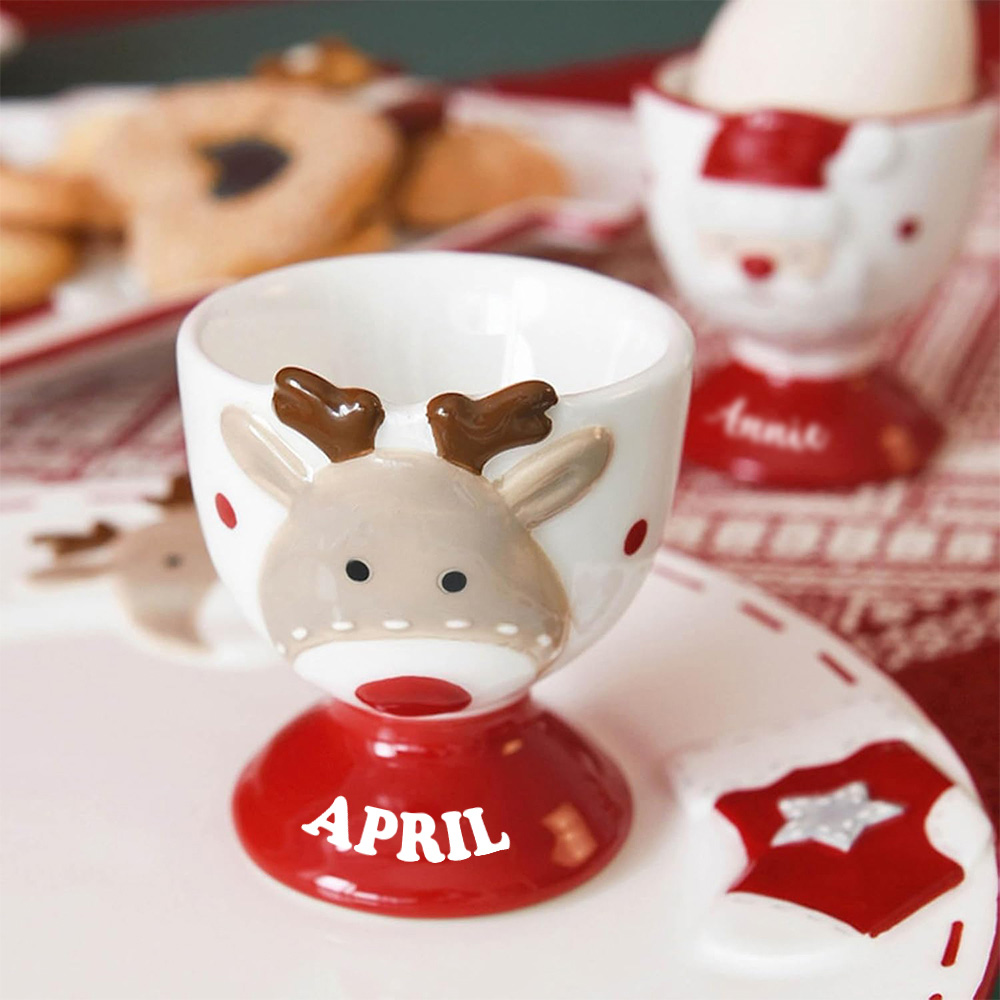 Personalized Christmas Egg Holder Wood Decor Custom Name Santa And Reindeer Breakfast Table Ornament Gift For Kids