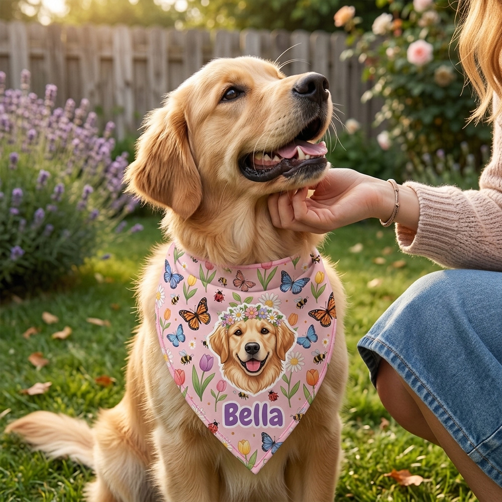 Personalized Dog Bandana Custom Pet Name Floral Butterfly Print Cute Puppy Scarf Soft Triangle Bib Gift