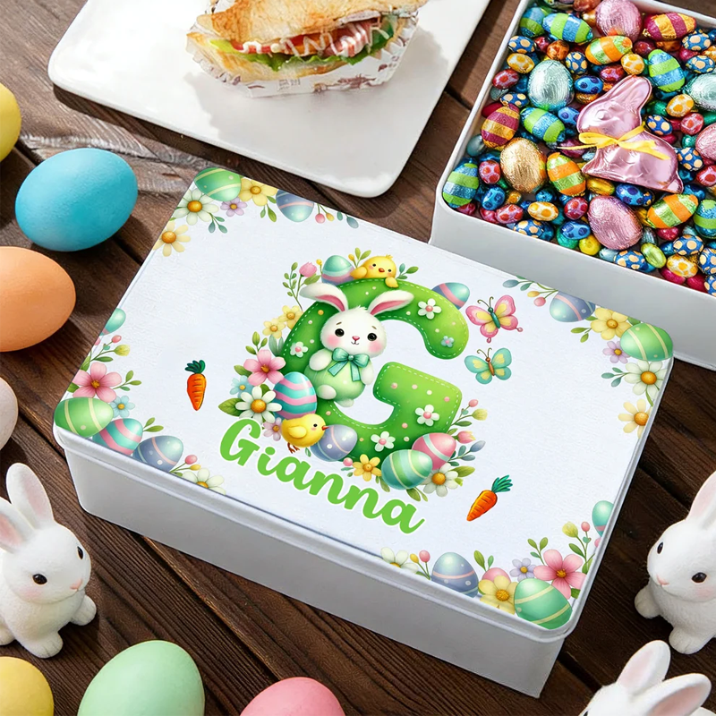 Personalized Cute Cartoon Bunny Easter Eggs Food Grade Metal Biscuit Tin Storage Box with Name Easter Gift for Family Kids