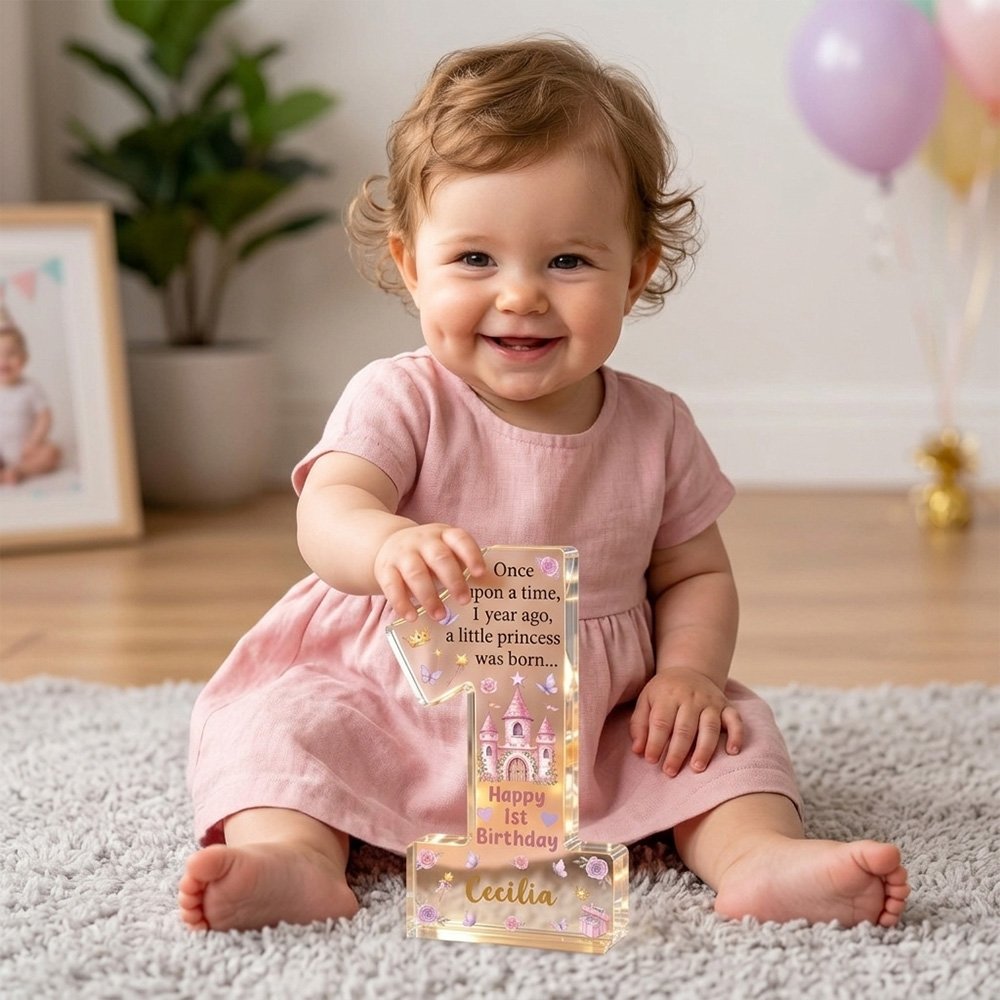 Personalized Princess First Birthday Acrylic Number One Keepsake Baby Girl Birthday Party Gift Pink Castle