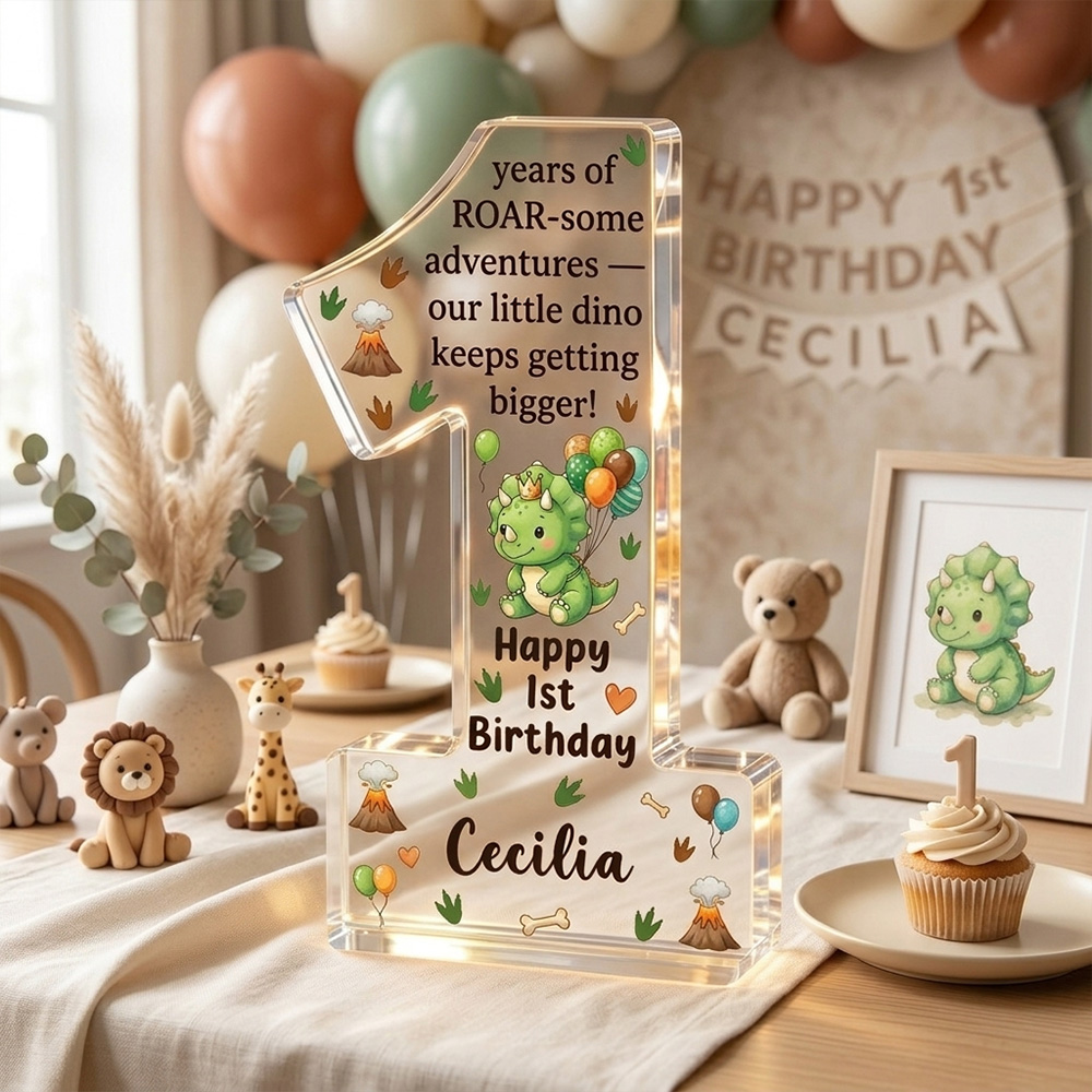 Personalized Dinosaur First Birthday Acrylic Number One Keepsake Baby Boy Gift Cute Green Dino