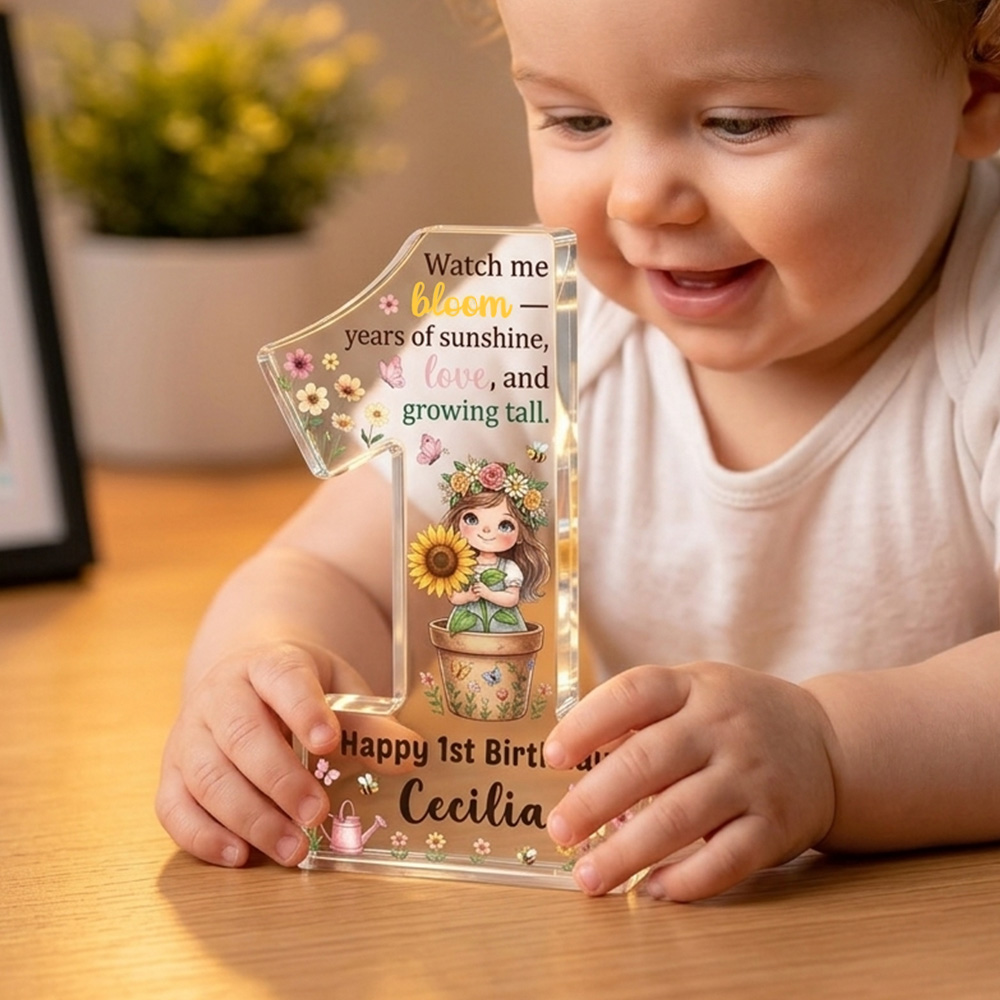 Personalized Floral First Birthday Acrylic Plaque Custom Name Keepsake Gift For Baby Girls Bloom Theme