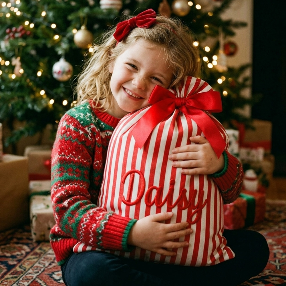 Personalized Striped Christmas Gift Sack Large Name Santa Bag With Gingerbread And Bow Holiday Present Storage For Kids