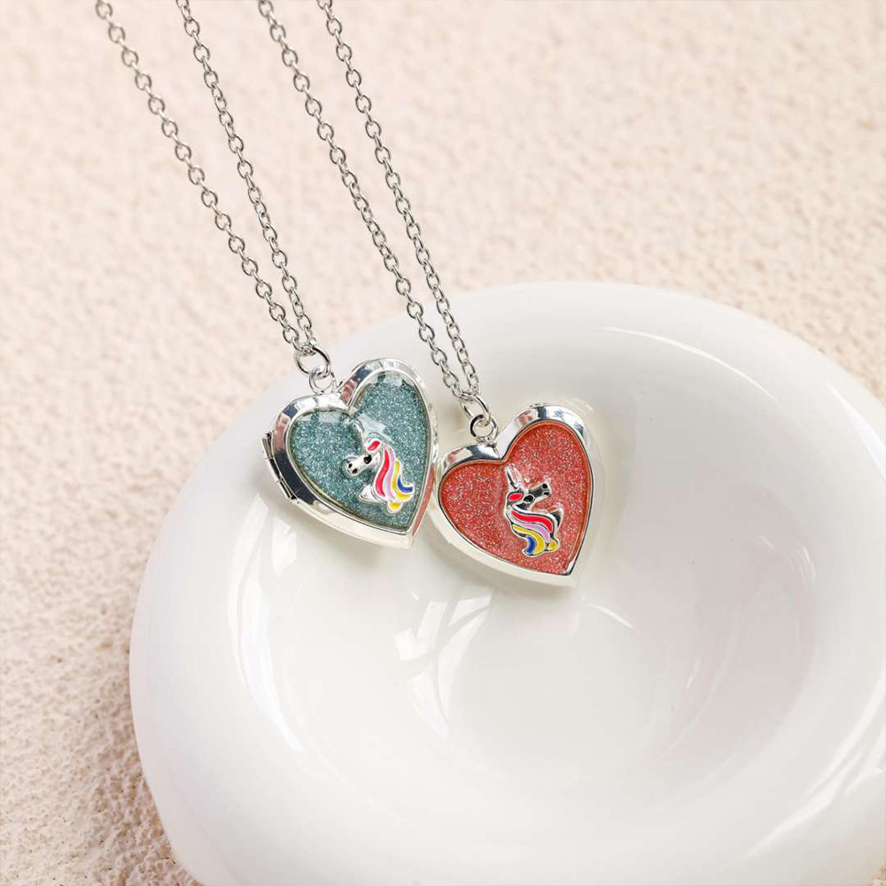 Personalized Rainbow Horse Heart Locket Necklace Cute Magic Themed Jewelry For Girls Keepsake Photo Pendant Gift Fairy Design