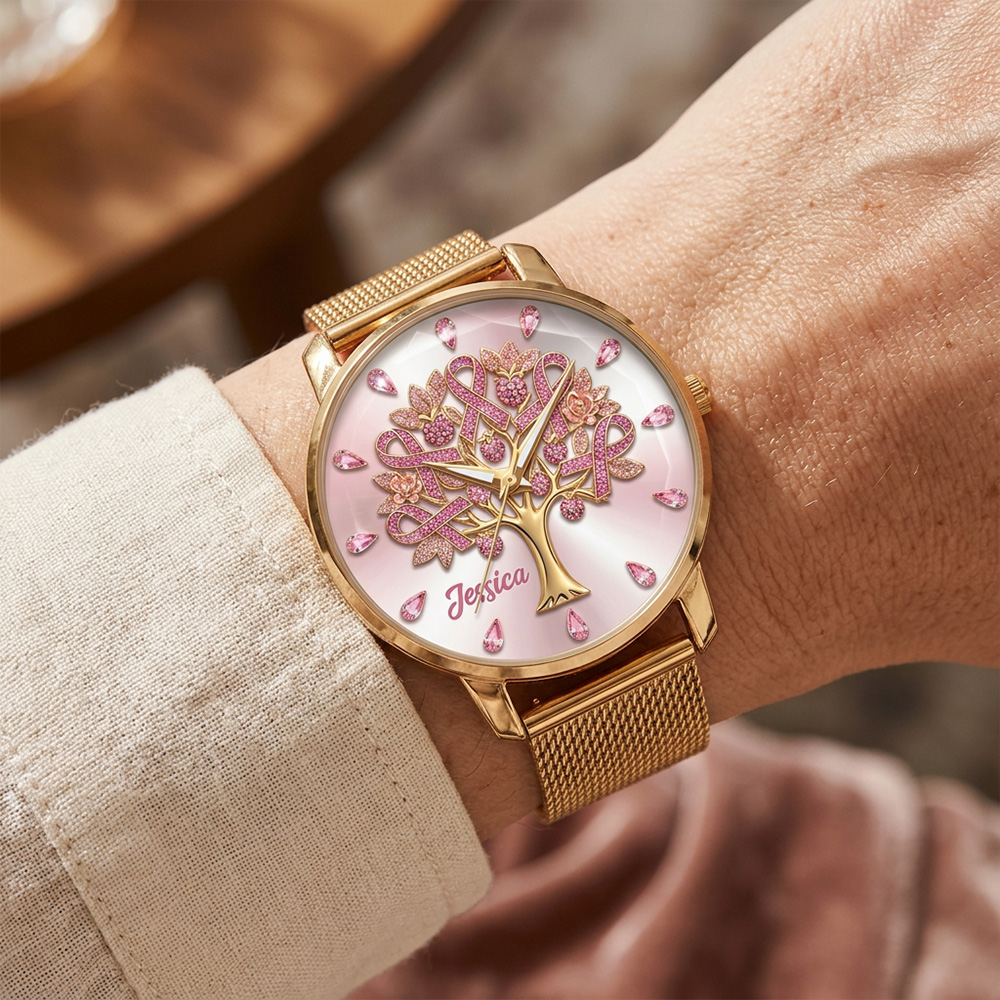 Personalized Tree Of Life Watch Elegant Gold Mesh Strap Ladies Wristwatch Custom Name Gift For Breast Cancer Warrior