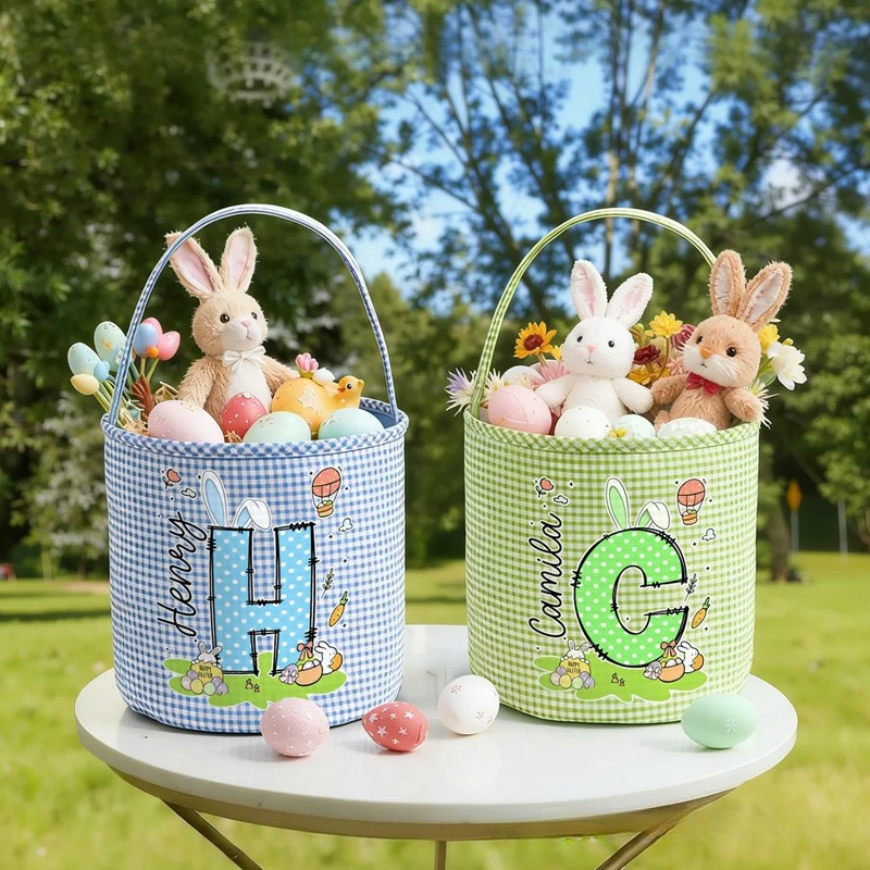 Personalized Cute Bunny Initial Flower Plaid Easter Basket with Name Easter Egg Hunt Easter Gift for Boys Girls