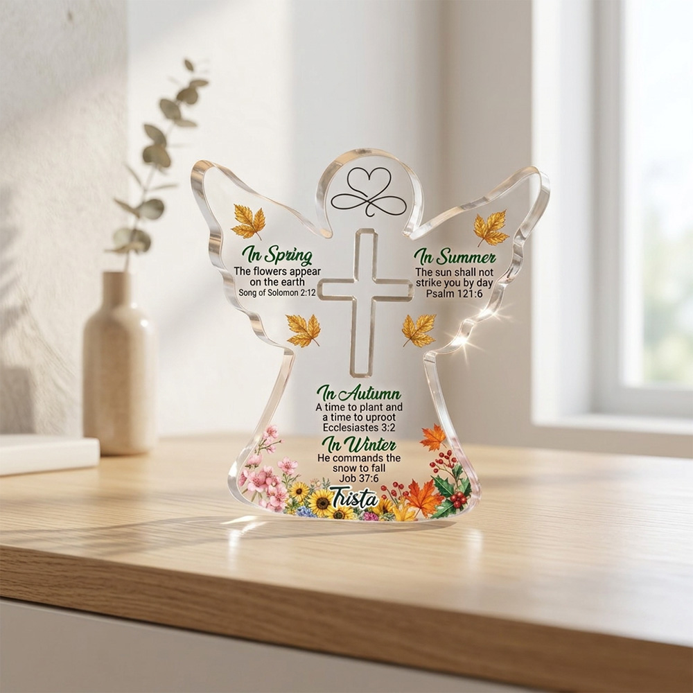 Personalized Christian Angel Acrylic Plaque Four Seasons Scripture Cross Spring Summer Autumn Winter Bible Verse Inspirational Faith Gift Home Decor