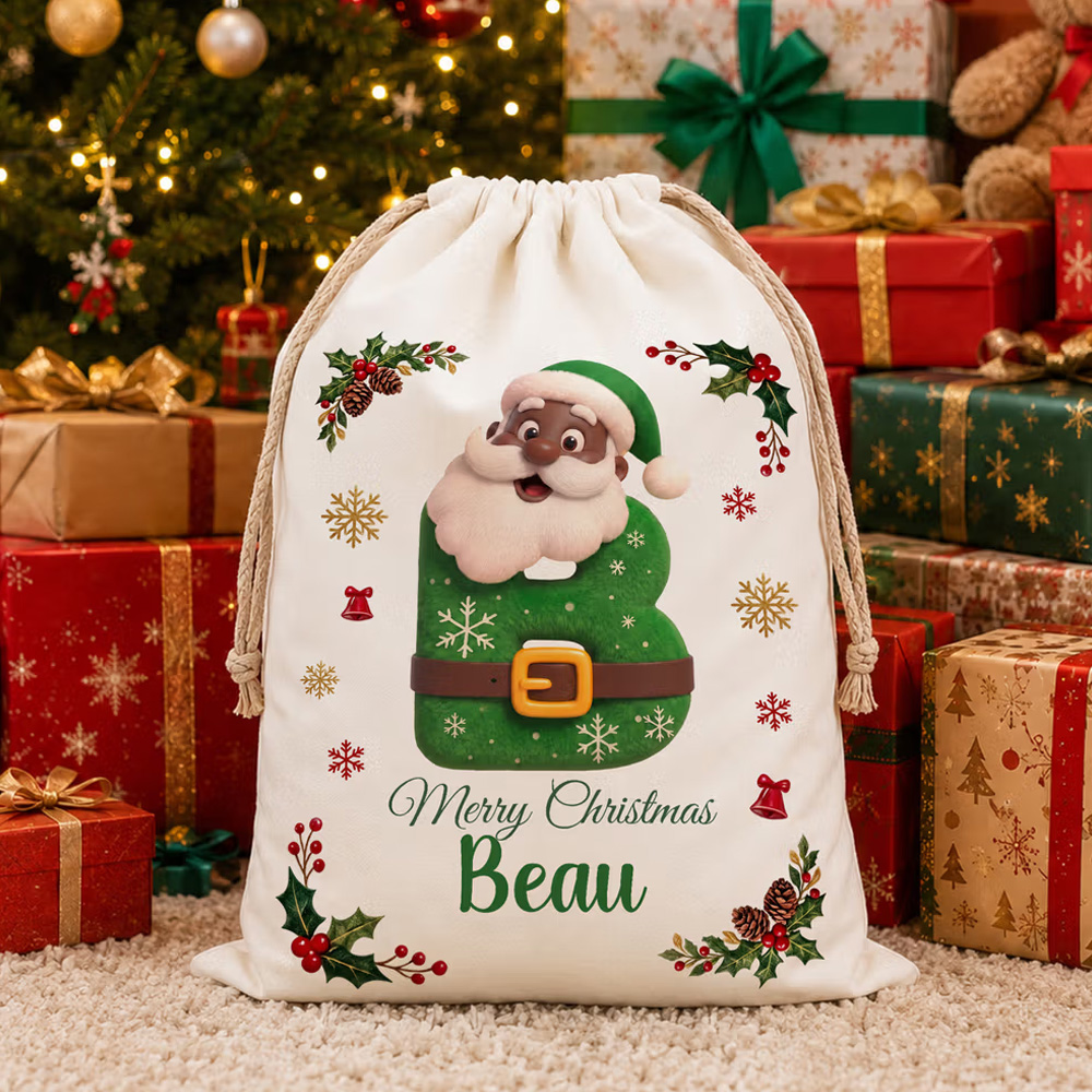 Personalized Merry Christmas Santa Claus Canvas Drawstring Gift Bag with Name and Initial Christmas Eve Gift for Kids