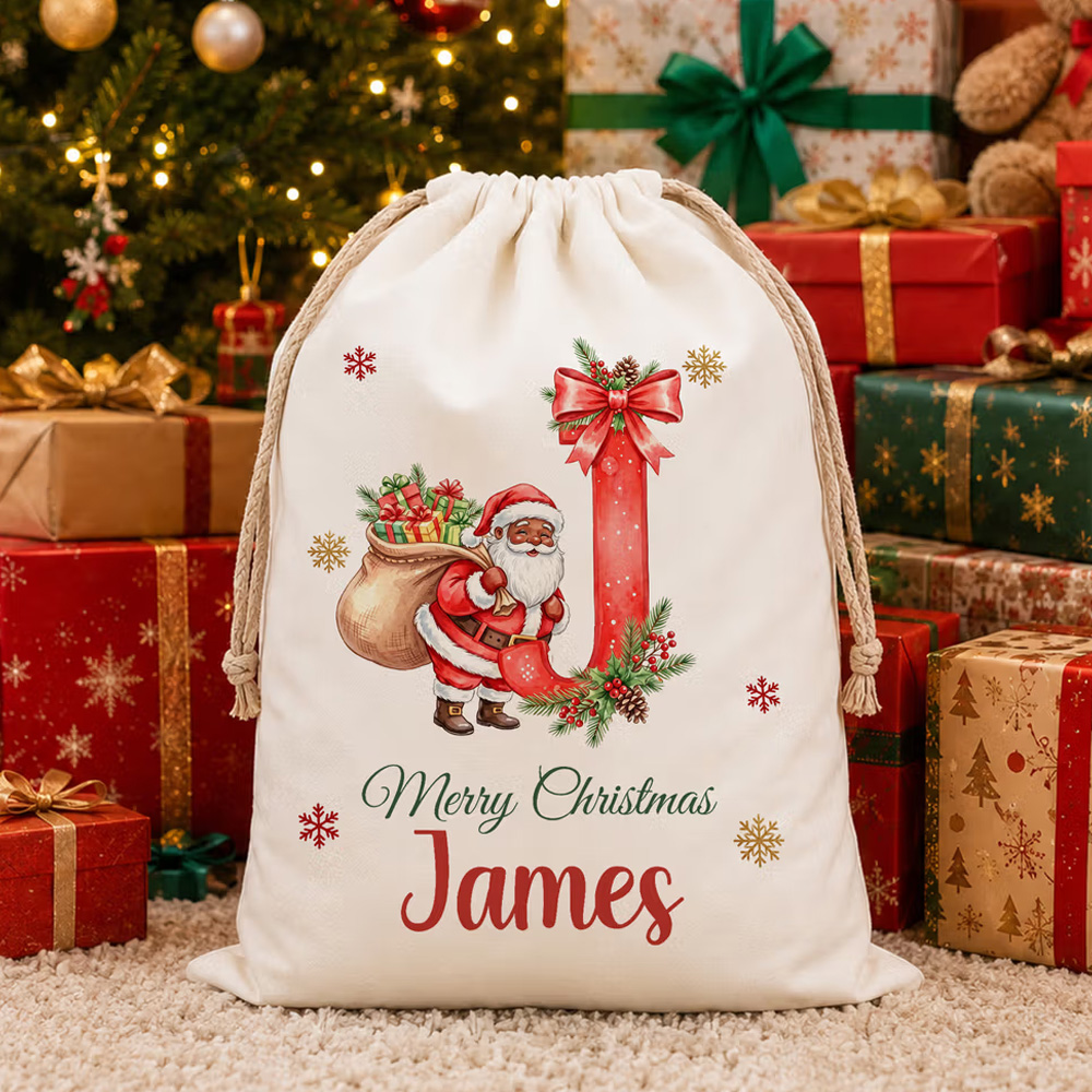 Personalized Merry Christmas Santa Claus Canvas Drawstring Gift Bag with Name and Initial Christmas Eve Party Gift for Kids