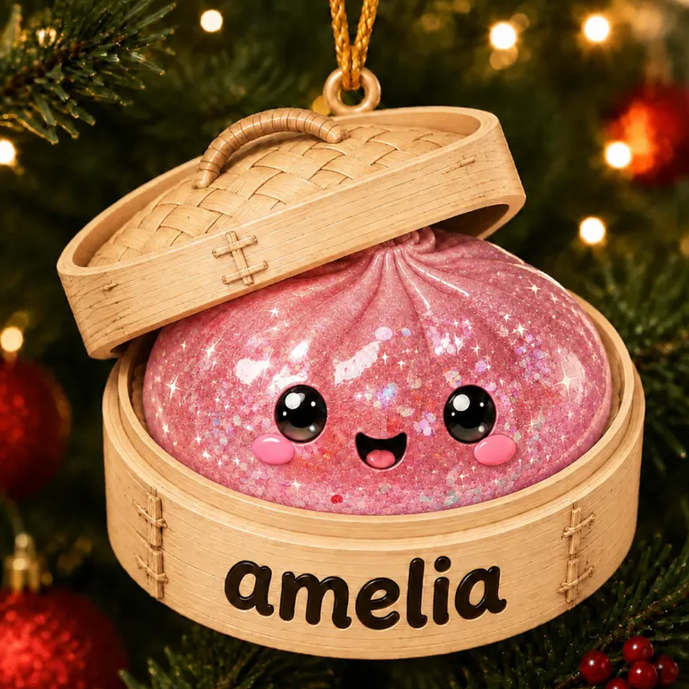 Personalized Kawaii Glitter Dumpling Christmas Ornament Cute Squishy Bao Custom Name Rainbow Pastel Kids Holiday Tree Decoration 
