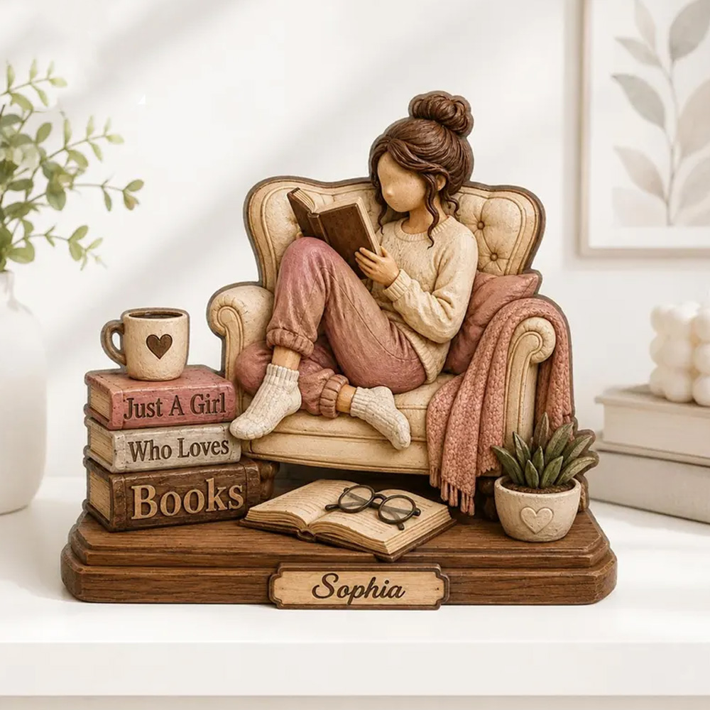 Personalized Cozy Book Lover Figurine Girl Reading On Chair Custom Name 3D Printed Sculpture Unique Gift For Readers Friends Bedroom Decor