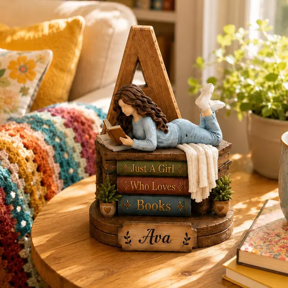 Personalized Book Lover Letter Decor Girl Reading On Chair Custom Name Initial Monogram Gift For Readers Bedroom Desk Shelf Home Ornament