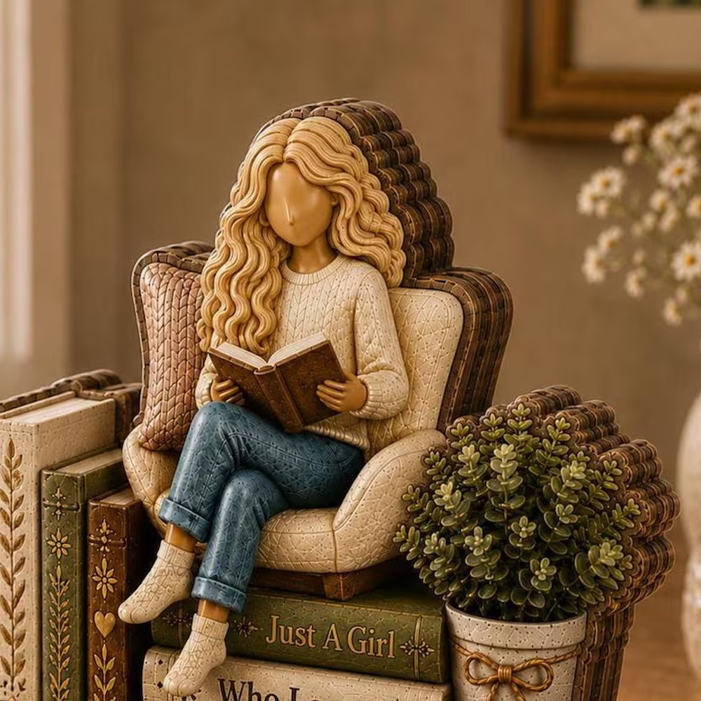 Personalized Book Lover Figurine Girl Reading On Chair Custom Name Gift For Readers Cozy Bedroom Desk Shelf Home Decor Ornament