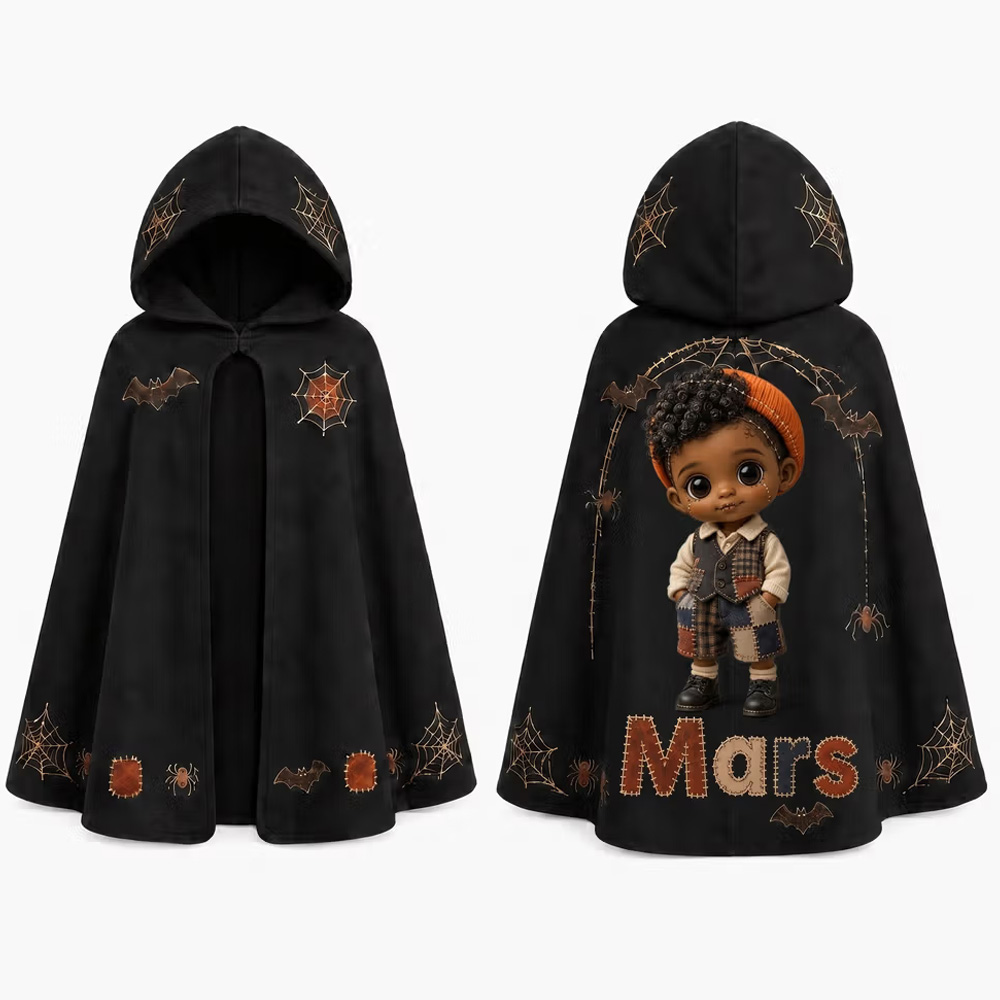 Personalized Kids Halloween Hooded Cloak with Custom Name Photo Patchwork Cartoon Boy Cape Trick or Treat Party Costume for Toddlers Boys Girls