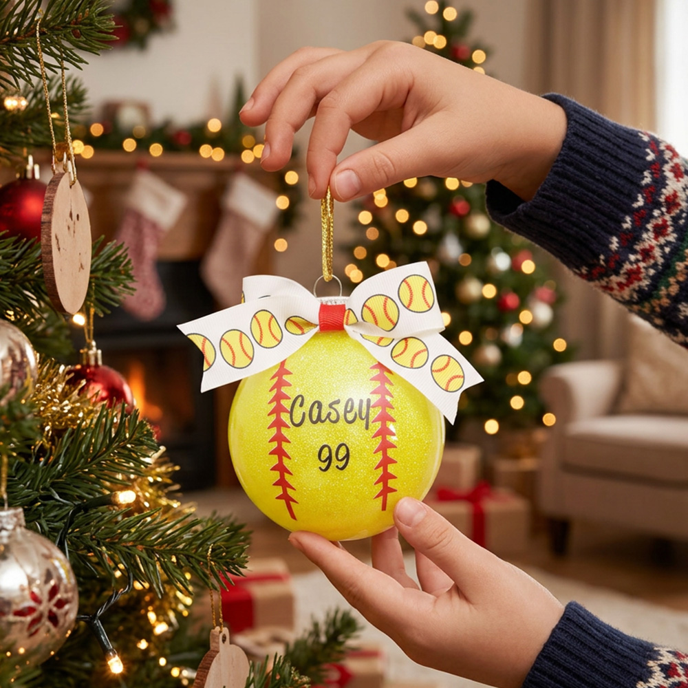 Personalized Softball Bow Ornament with Name and Number Home Tree Decor Sports Team Christmas Gift for Softball Players Lovers
