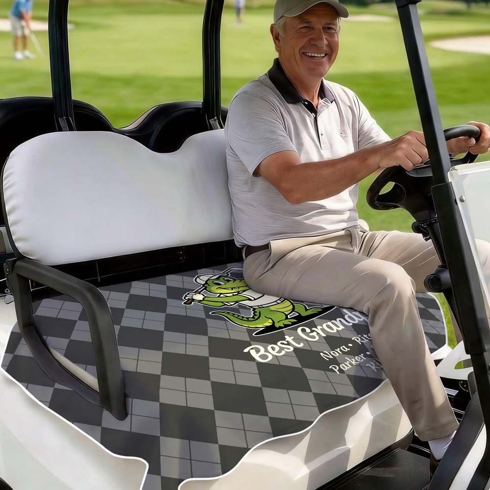 Personalized Names Cartoon Animal Diamond Grid Breathable Golf Cart Seat Cover Golf Cart Accessories Birthday Gift for Mom Dad Family Golf Lovers