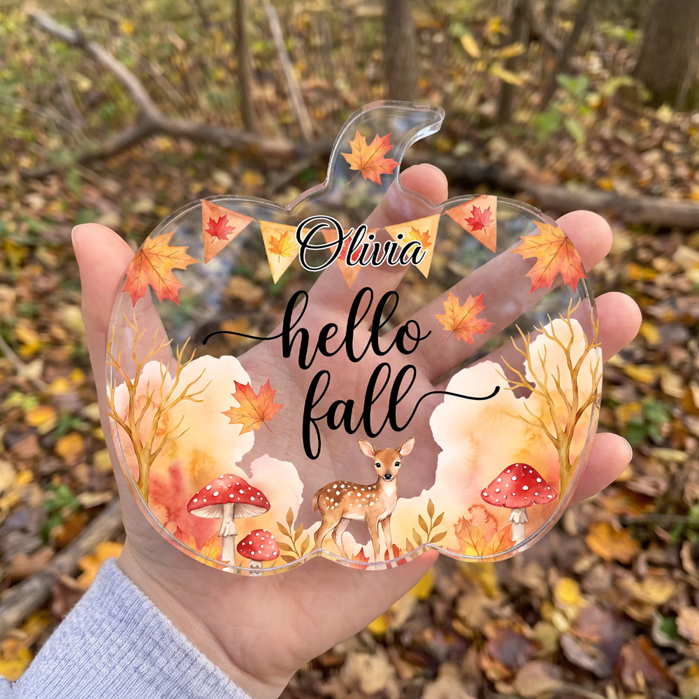 Personalized Name Welcome Autumn Cartoon Animals Pumpkin Shaped Acrylic Plaque Freestanding Fall Decoration Thanksgiving Day Birthday Gift for Kids