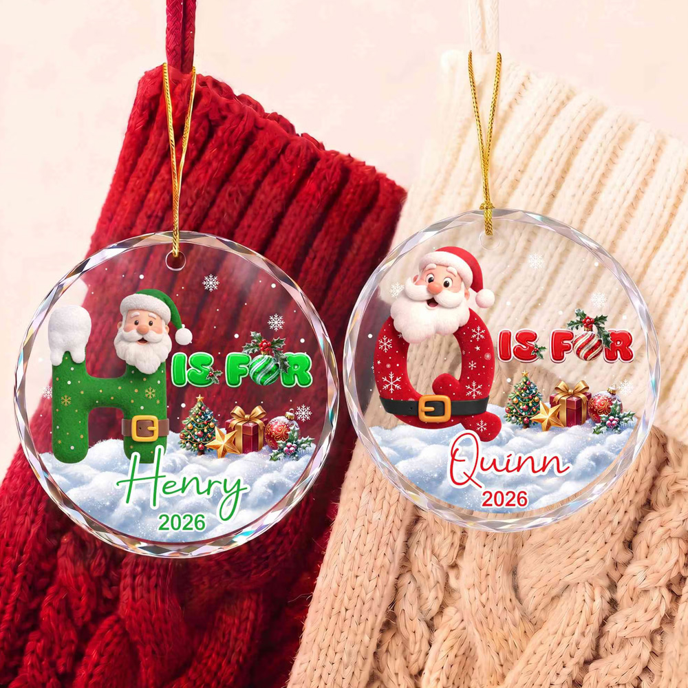 Personalized Santa Claus Alphabet Christmas Ornament with Name Year Glass Holiday Tree Hanging Decor Christmas Gift for Kids and Family