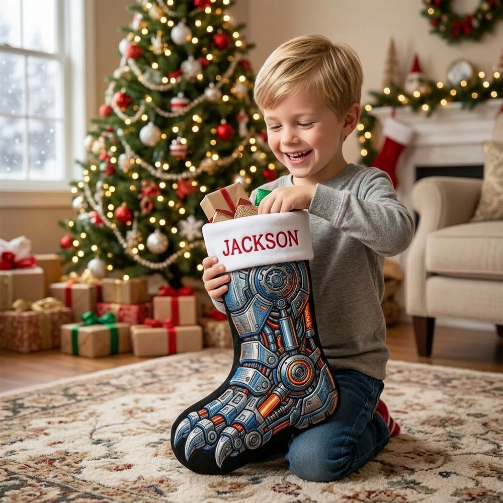 Personalized Christmas Stocking Custom Name Mechanical Dinosaur Inspired Holiday Sock Unique Fireplace Decor Gift For Kids And Fans