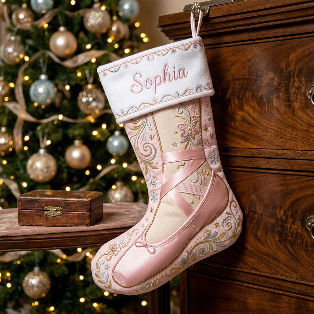 Personalized Ballet Christmas Stocking Custom Name Pink Ballerina Shoe Holiday Sock For Girls Kids Nursery Fireplace Mantel Decor