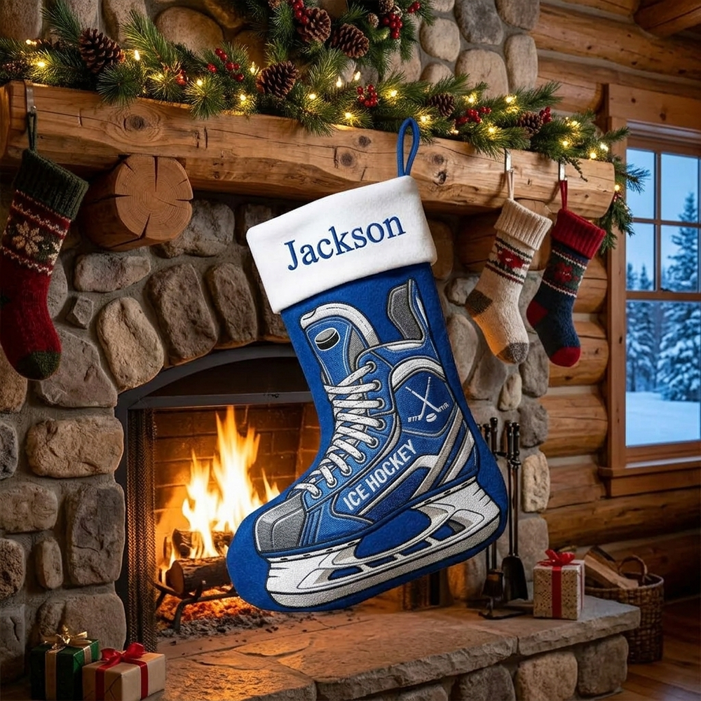 Personalized Hockey Christmas Stocking Custom Name Ice Skate Holiday Sock For Boys Kids Sports Lovers Fireplace Mantel Winter Decor