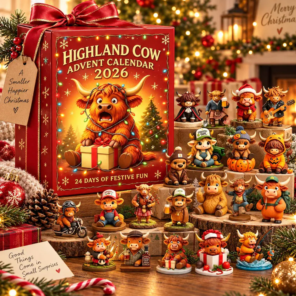 Highland Cow Advent Calendar 2026 24 Days Christmas Countdown 3D Collectible Figurines Farmhouse Holiday Decor Gift for Cow Lovers