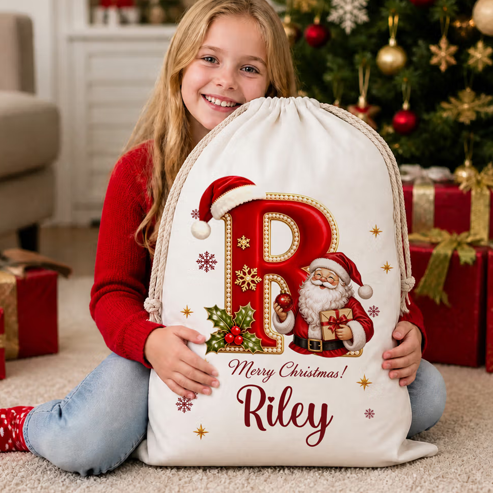 Personalized Merry Christmas Santa Claus Canvas Drawstring Gift Bag with Name and Initial Christmas Eve Party Gift for Kid