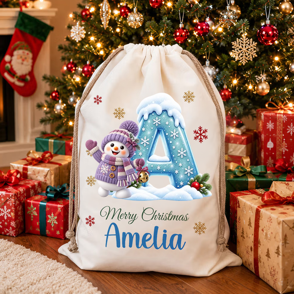 Personalized Kids Christmas Gift Sack Snowman Initial Letter Tote Bag Custom Name Holiday Present Storage For Child Xmas Morning Gifts