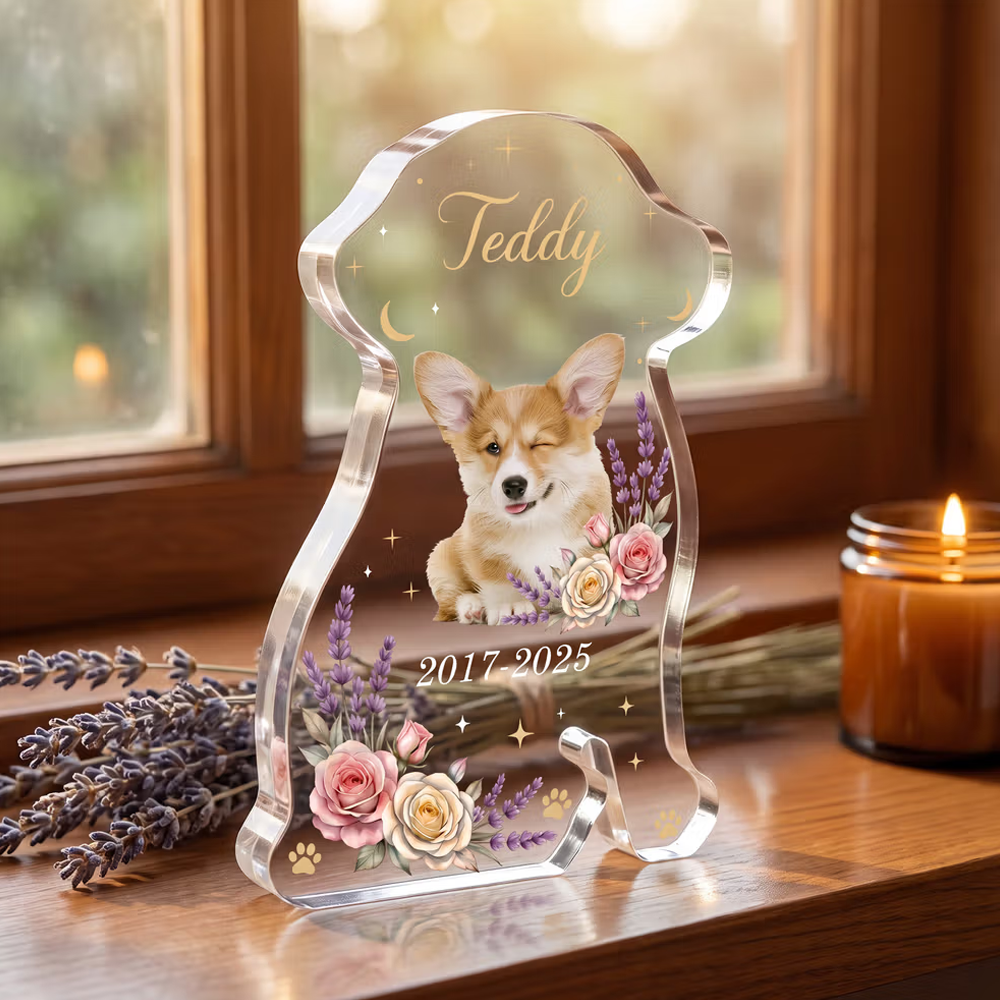 Personalized Flower Dog Portrait Star Dog Shaped Acrylic Ornament with Name and Year Home Decor Memorial Sympathy Pet Loss Gift for Pet Owner