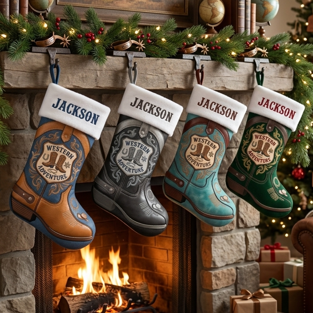 Personalized Western Boot Christmas Stocking Custom Cowboy Name Holiday Stocking Rustic Country Farmhouse Decor For Kids Adults Xmas Gift
